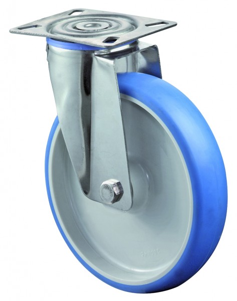 Edelstahl Transportrolle H100.B32 Lenkrolle Lauffläche Polyurethan blau Radkörper Kunststoff Gleitlager